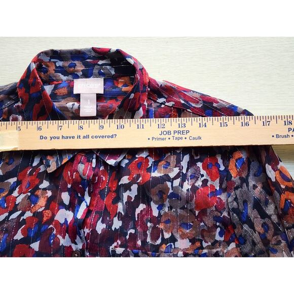TOP/BLOUSE-CHICO'S-Multi Color-Silver Glimmer Pinstrip-Shirt Style-Chico's 1/SM - Picture 8 of 16